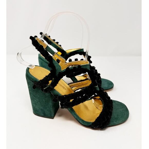 Rachel Comey Chenille Suede Green Black Pom Pom Block Heeled Cage Sandals US 6 - Picture 2 of 9